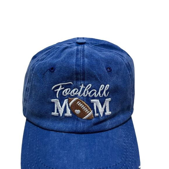 Football Mom Distressed Wash Sapphire Blue Embroidered Baseball Cap - Picture 2 of 5
